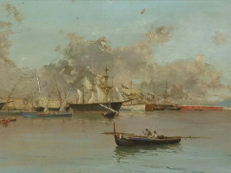 1850-Vincenzo Loria - Il porto di Napoli e a destra il Vesuvio